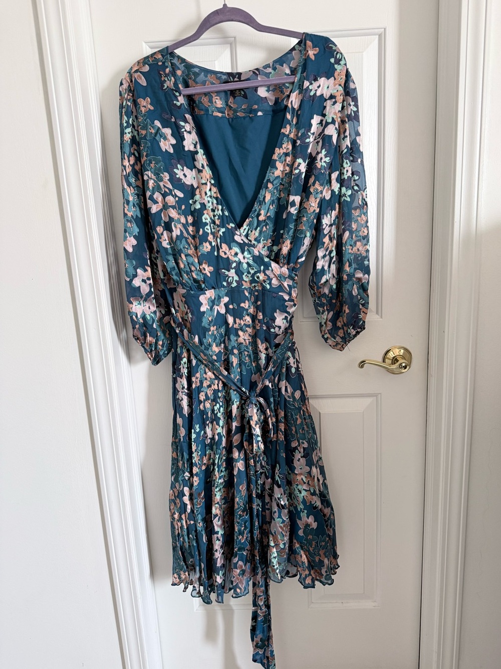 Metallic Shine Teal Peach Floral Wrap Midi Dress with Waist Tie Nordstrom Maree